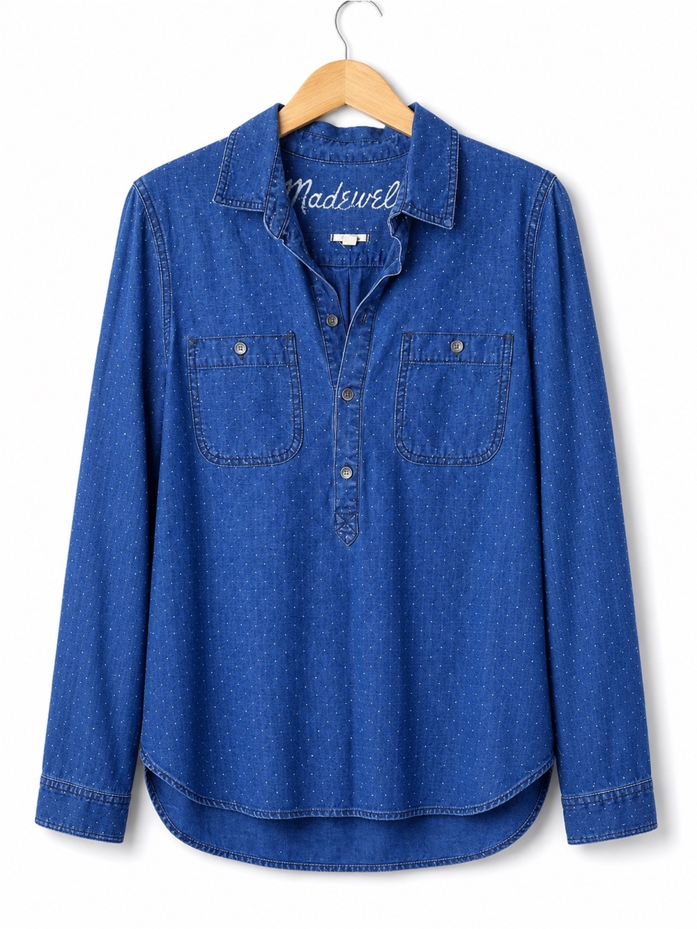 Madewell Chambray Popover Shirt Medium Blue Swiss Dot Button Coastal Cowgirl